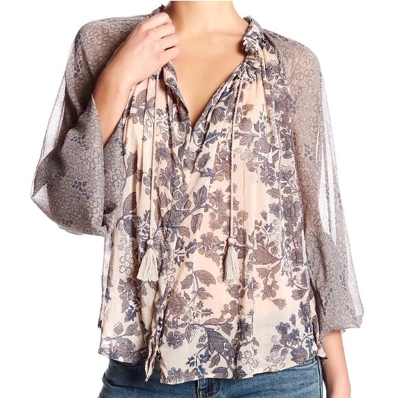 FREE PEOPLE Tassel Top Neutral Cream Floral Blouse Top Shirt – Small - Picture 2 of 13